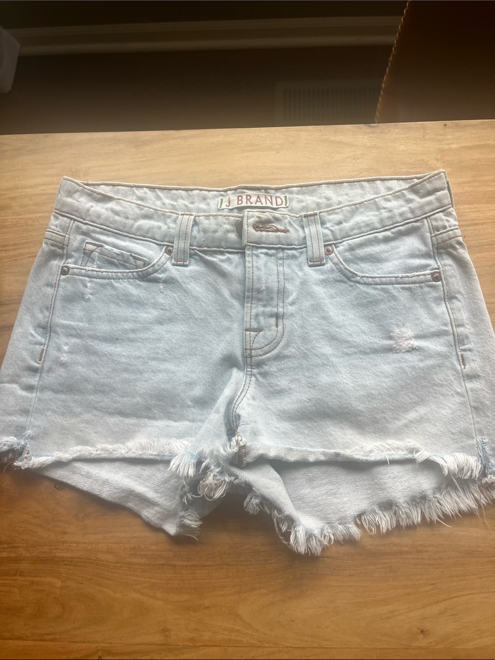 J Brand Light Wash Distressed Fringe Hem “Aquarius Denim Shorts